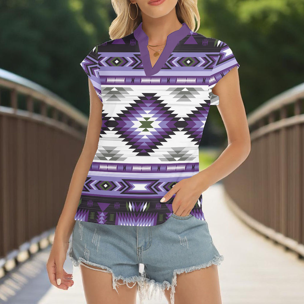 GB-NAT00528-03 Native American Women Stacked V-neck Short Sleeve Blouse