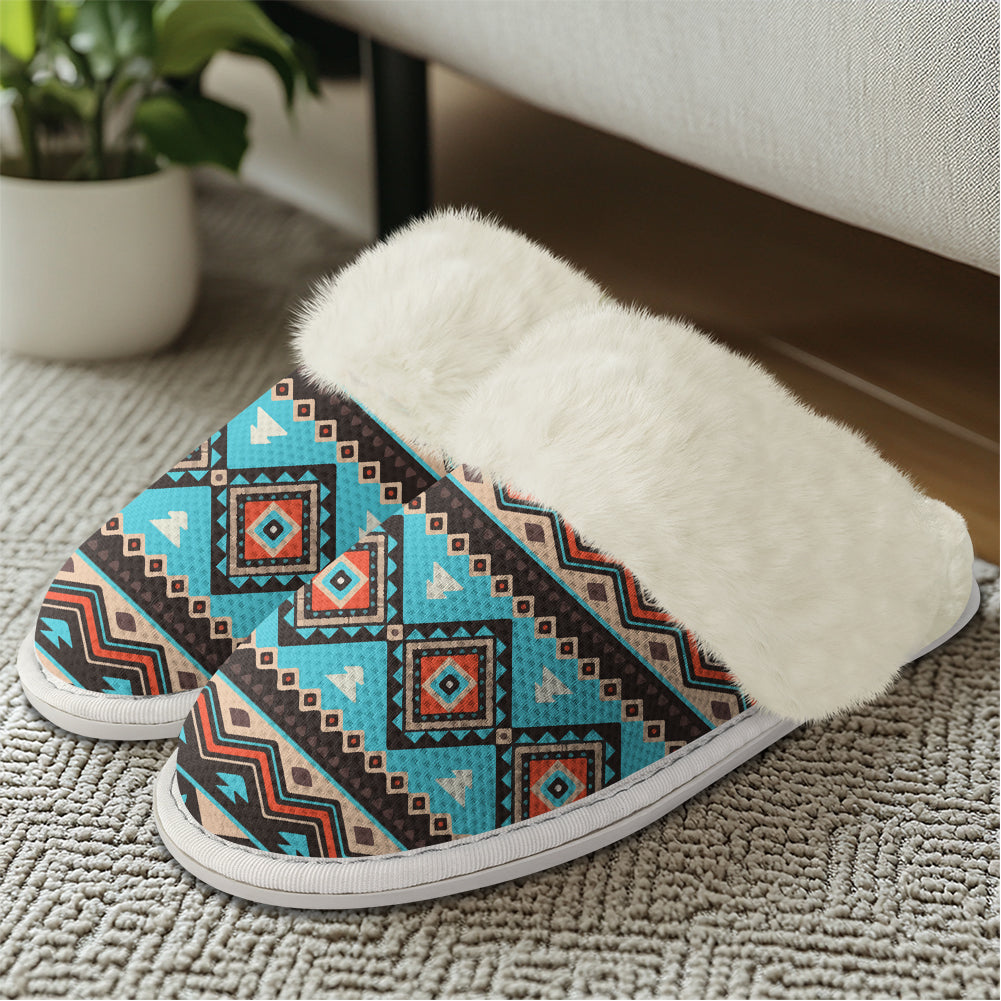 GB-NAT00528 Blue Colors Native American Slippers With Fur Edges