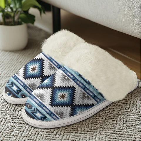 GB-NAT00528 Blue Colors  Native American Slippers With Fur Edges