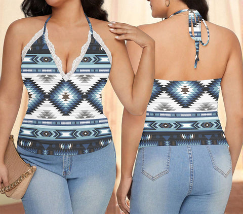 GB-NAT00528 Native American Women Lace-Trimmed Tie-Back Top