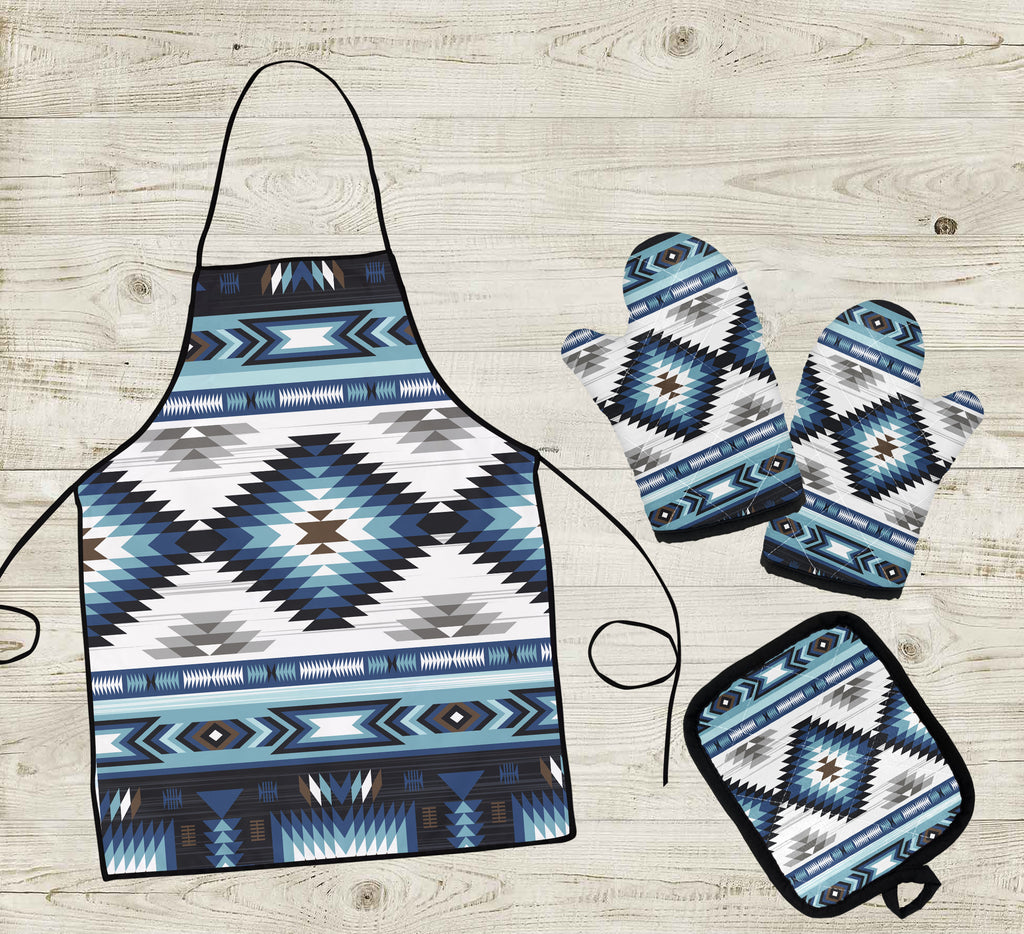 GB-NAT00528 Pattern Blue Native American Apron & Oven Mitts And Potholder Set