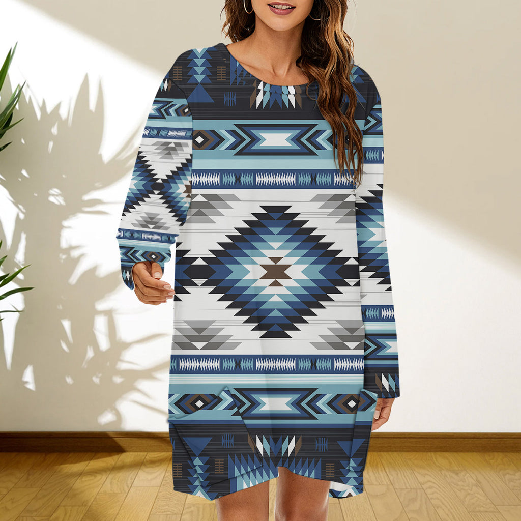 GB-NAT00528 Pattern Native American Women Loose Crew Neck Dress