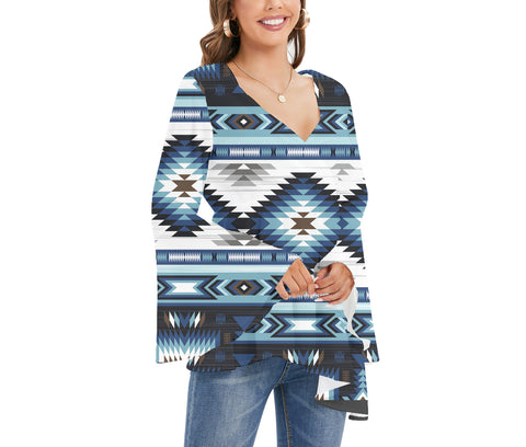 GB-NAT00528 Tribe Design Native Women's V-neck Blouse With Flared Sleeves