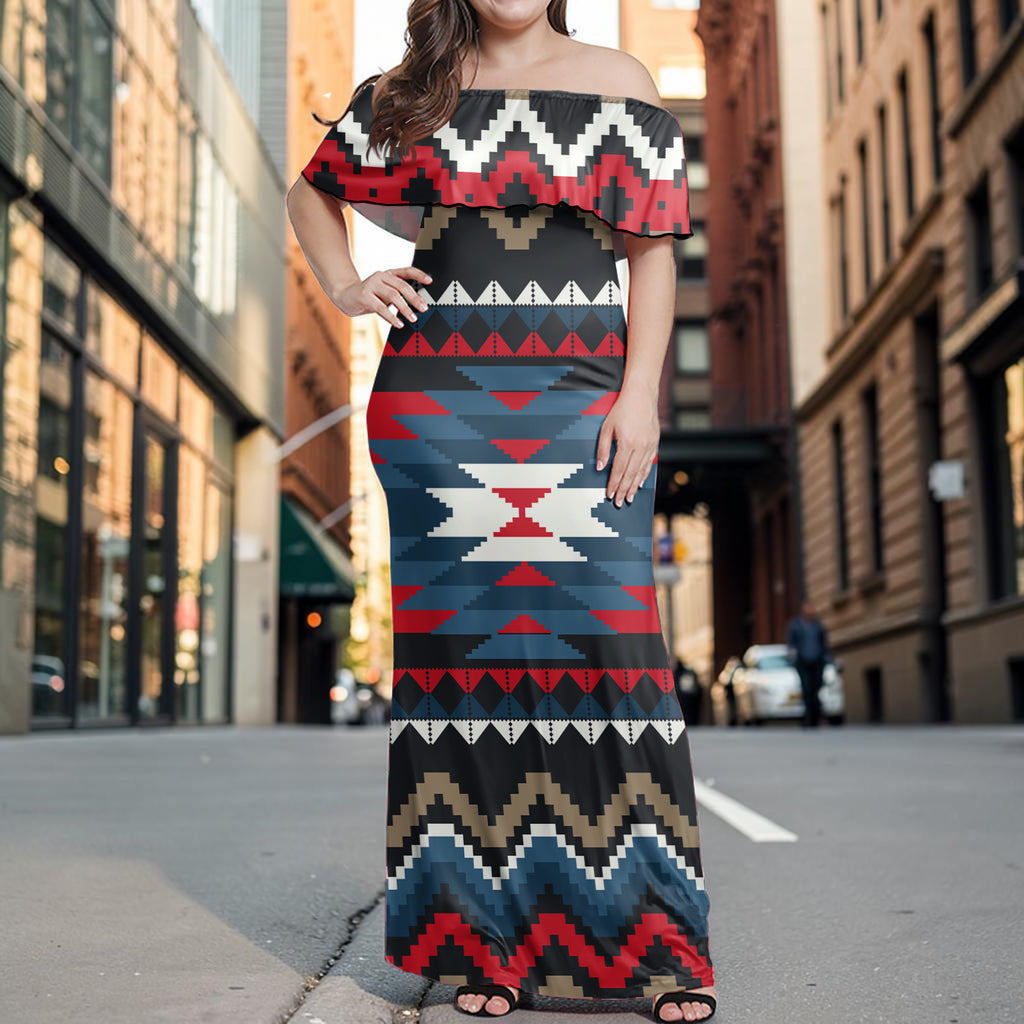 GB-NAT00529 Native American Off Shoulder Ruffle Maxi Dress