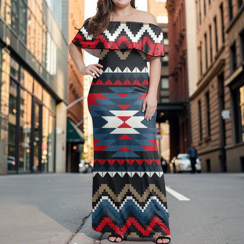 GB-NAT00529 Native American Off Shoulder Ruffle Maxi Dress