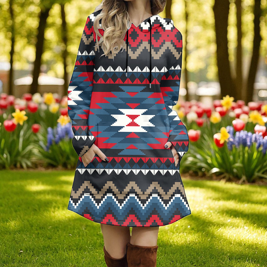 GB-NAT00529 Native American Women Longline Hoodie Dress