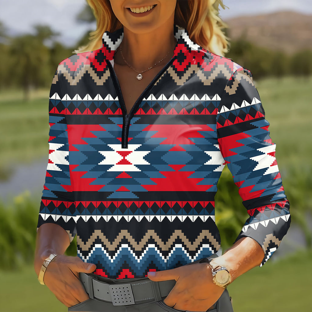 GB-NAT00529 Native American Women Quarter-Zip Long Sleeve Top
