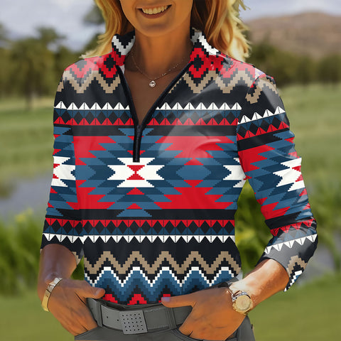 GB-NAT00529 Native American Women Quarter-Zip Long Sleeve Top