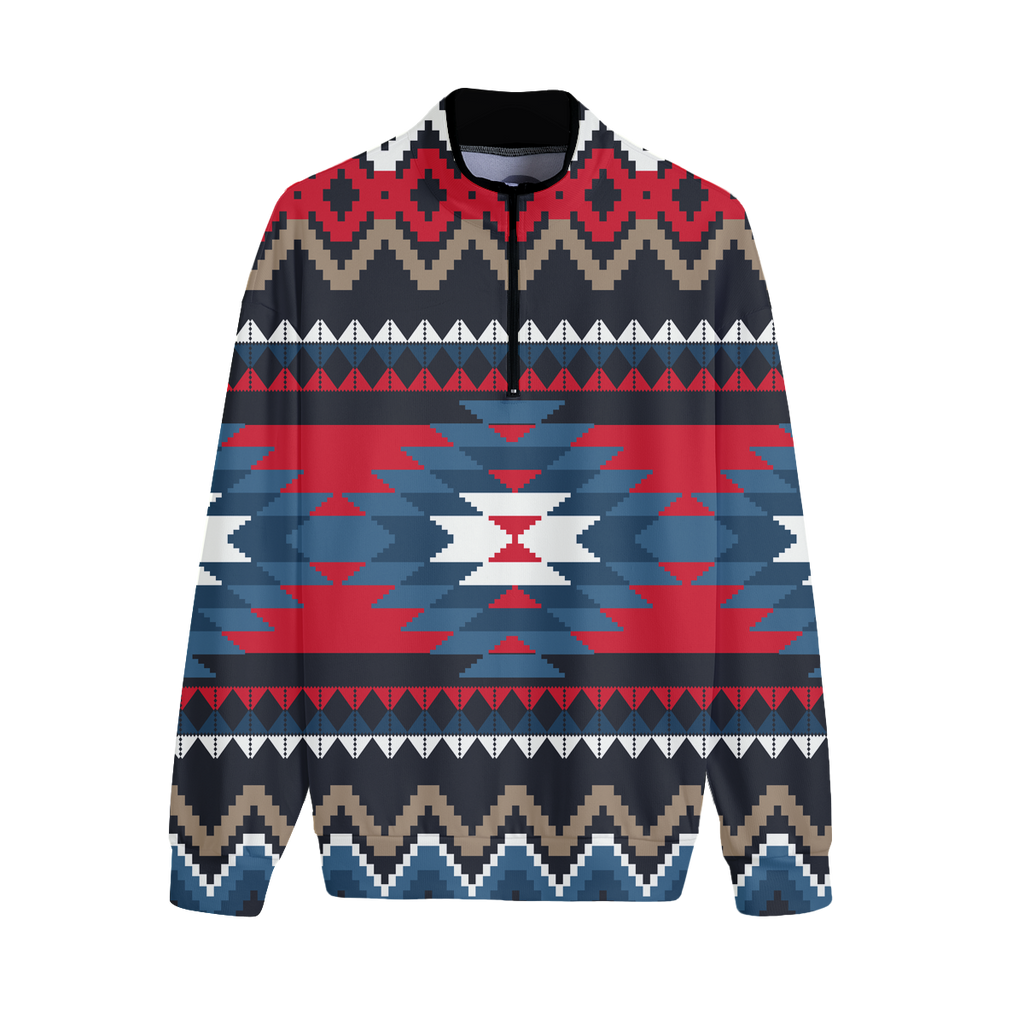 GB-NAT00529 Pattern Native American Stand-up Collar Sweater With Zipper Closure