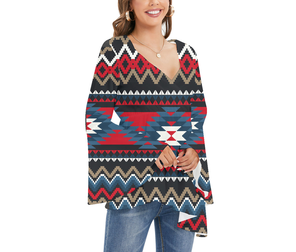 GB-NAT00529 Tribe Design Native Women's V-neck Blouse With Flared Sleeves