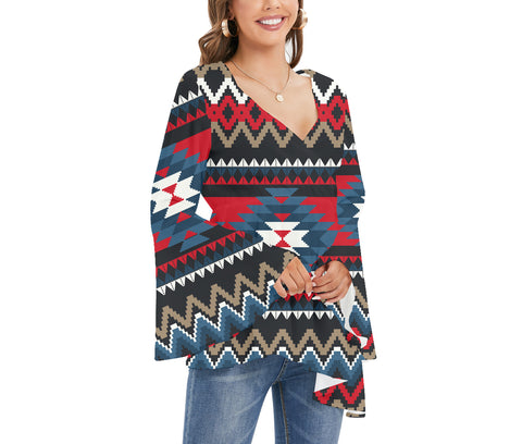 GB-NAT00529 Tribe Design Native Women's V-neck Blouse With Flared Sleeves