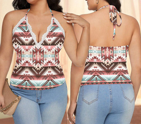 GB-NAT00540 Native American Women Lace-Trimmed Tie-Back Top