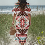 GB-NAT00540 Native American Women Loose V-Neck Summer Dress