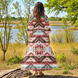 GB-NAT00540 Native American Women Puff Sleeve Maxi Dress