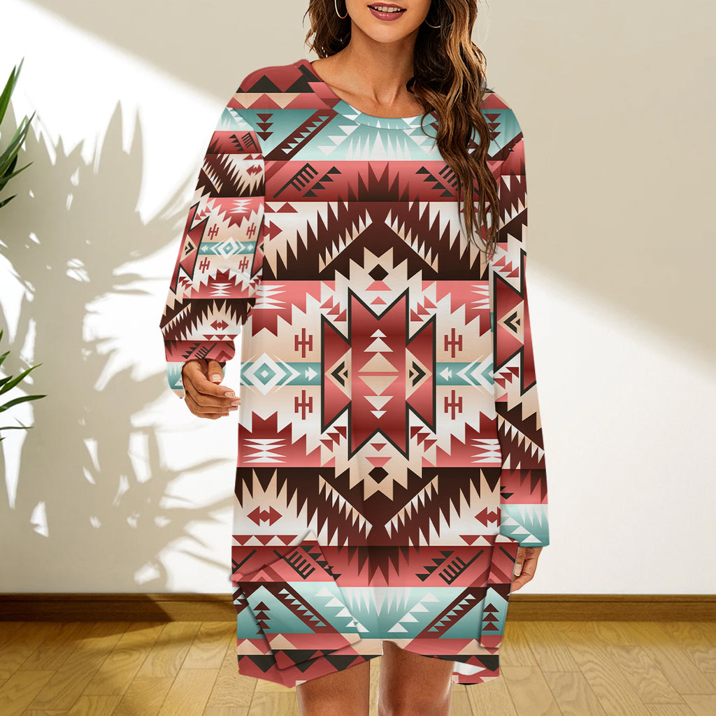 GB-NAT00540 Pattern Native American Women Loose Crew Neck Dress