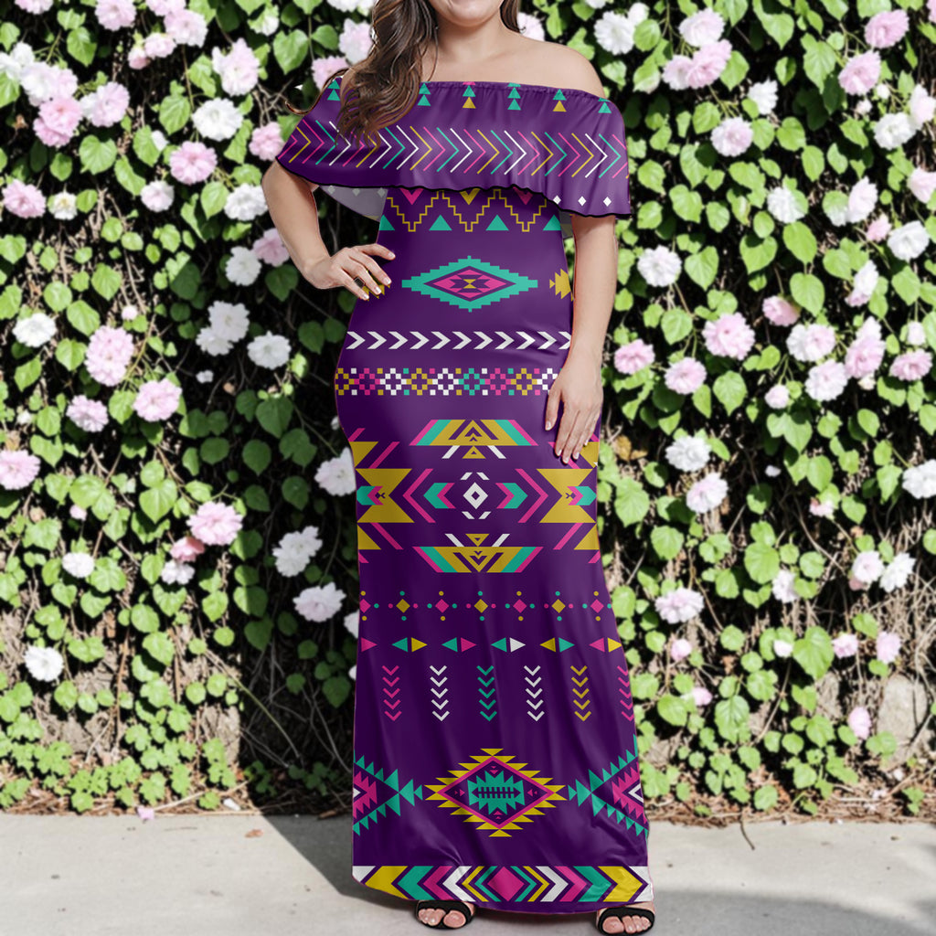 GB-NAT00549-02 Native American Off Shoulder Ruffle Maxi Dress