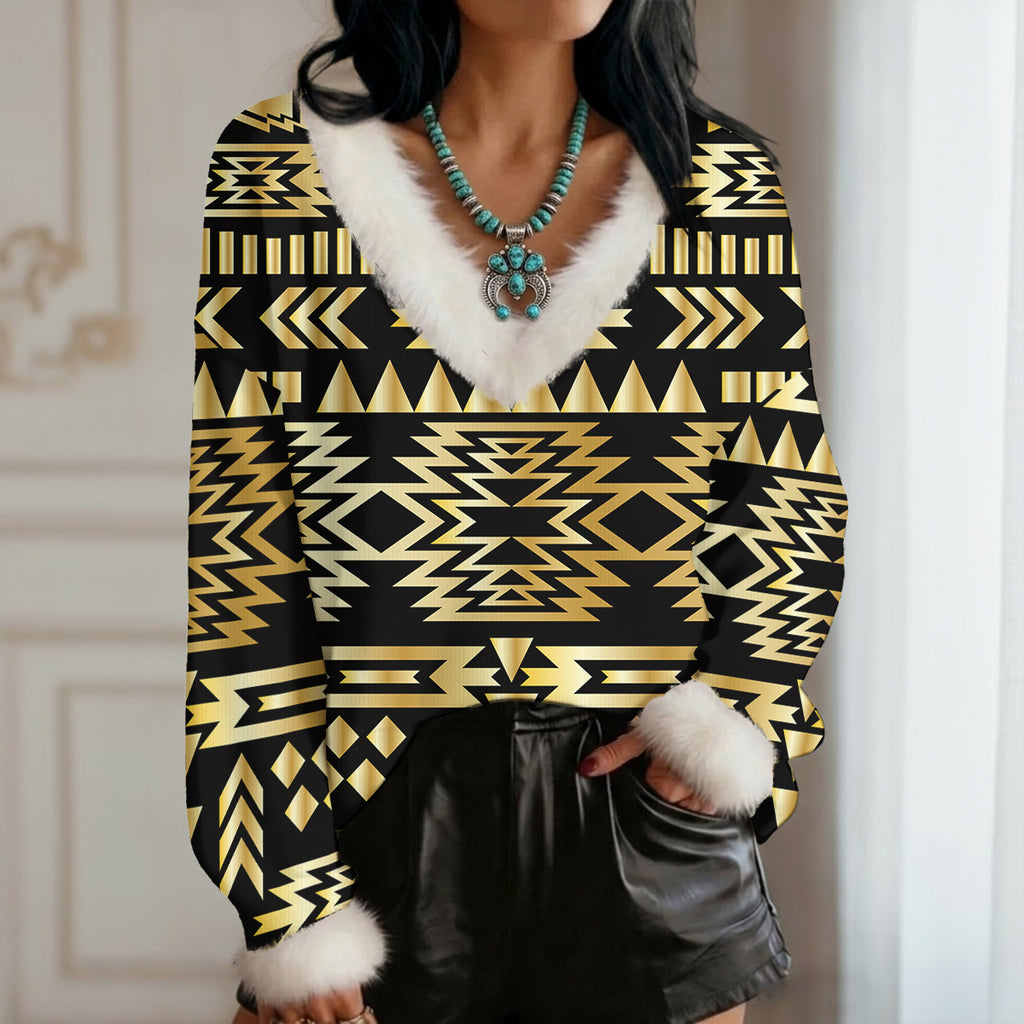 GB-NAT00566 Native American Faux Knit V-Neck Sweater Top with Fur Trim