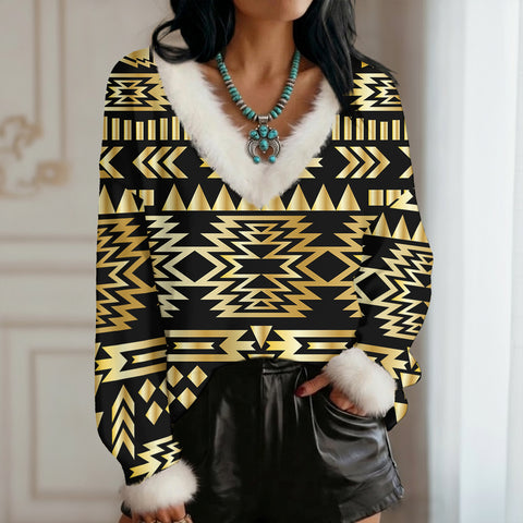 GB-NAT00566 Native American Faux Knit V-Neck Sweater Top with Fur Trim