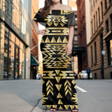 GB-NAT00566 Native American Off Shoulder Ruffle Maxi Dress