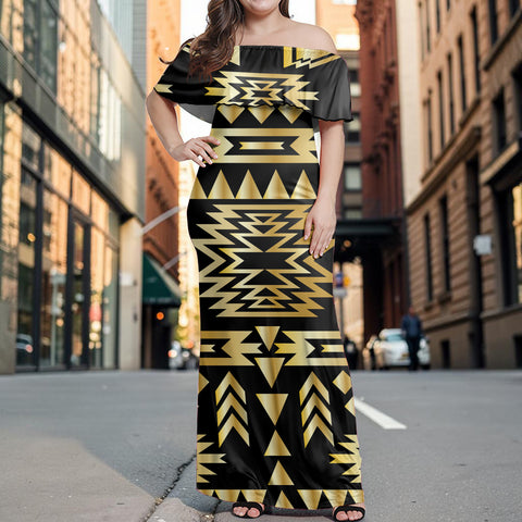 GB-NAT00566 Native American Off Shoulder Ruffle Maxi Dress