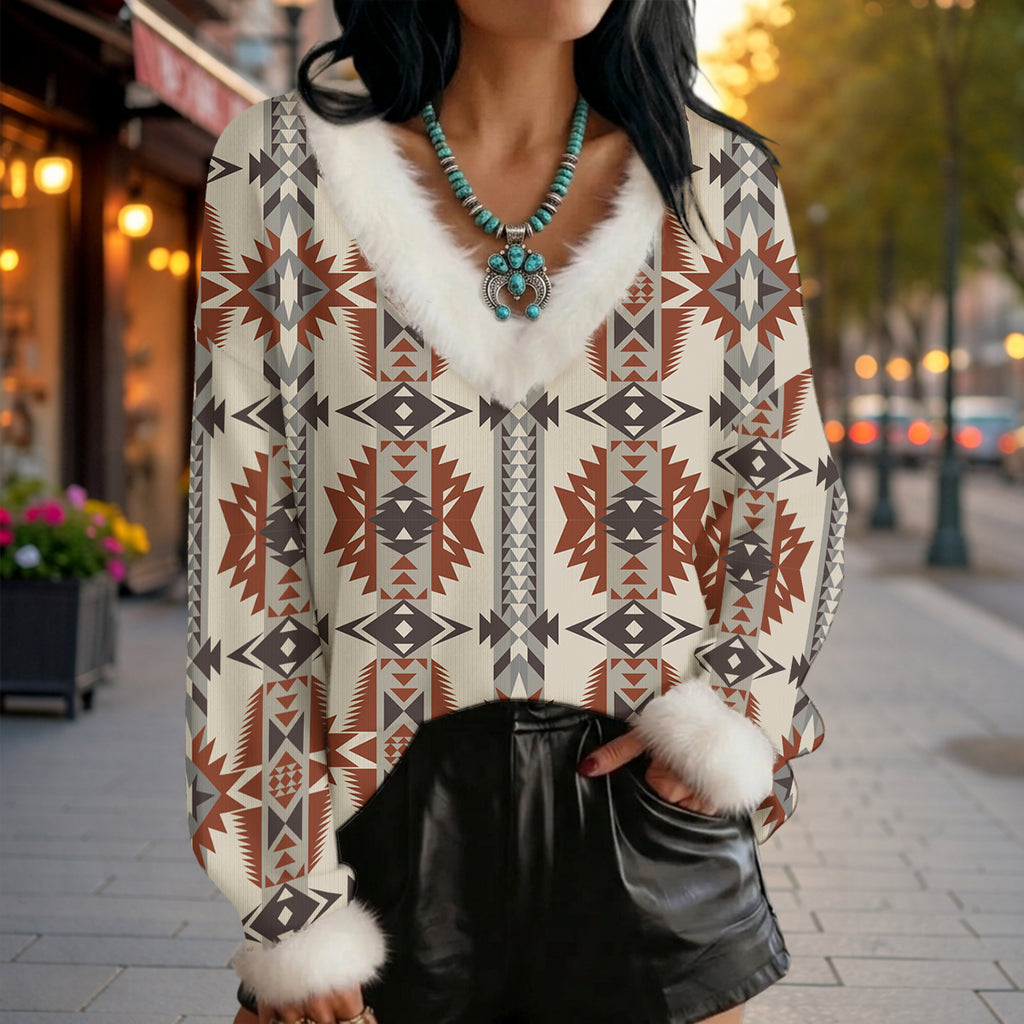 GB-NAT00594 Native American Faux Knit V-Neck Sweater Top with Fur Trim