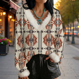 GB-NAT00594 Native American Faux Knit V-Neck Sweater Top with Fur Trim
