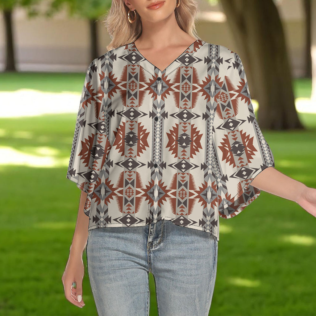GB-NAT00594 Native American Women V-Neck Batwing Sleeve Button Top