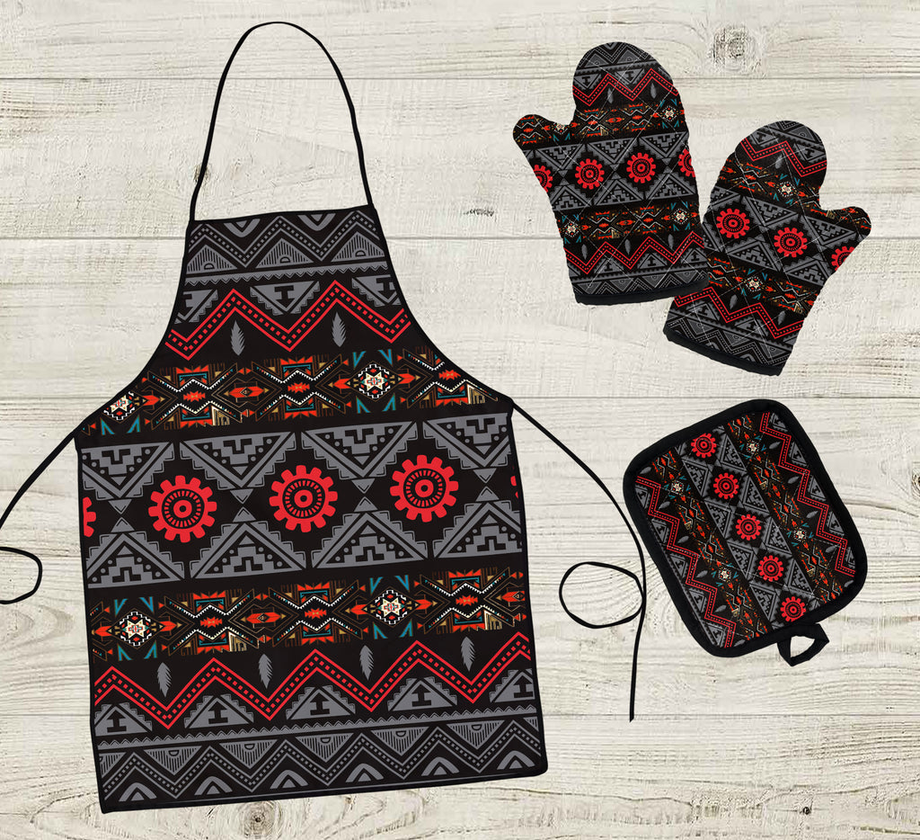 GB-NAT00595 Pattern Native American Apron & Oven Mitts And Potholder Set