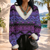GB-NAT00601-02 Native American Faux Knit V-Neck Sweater Top with Fur Trim