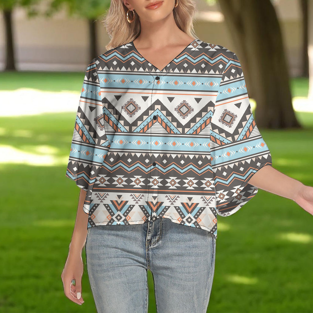 GB-NAT00604 Native American Women V-Neck Batwing Sleeve Button Top