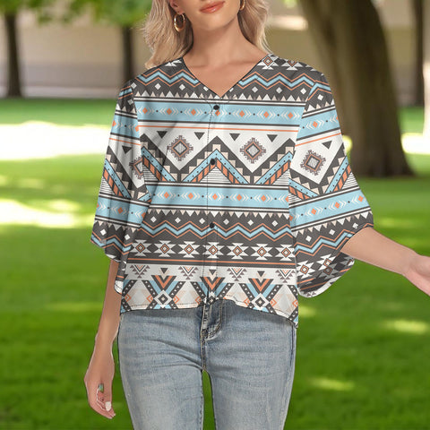 GB-NAT00604 Native American Women V-Neck Batwing Sleeve Button Top