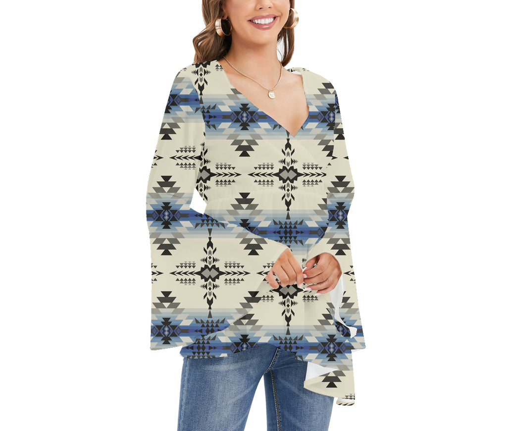 GB-NAT00608 Tribe Design Native Women's V-neck Blouse With Flared Sleeves