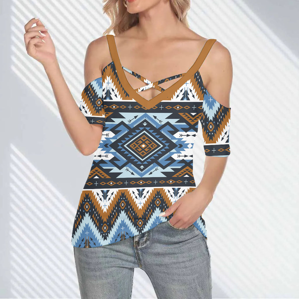 GB-NAT00613 Native American Women Cold Shoulder Criss Cross T-shirt