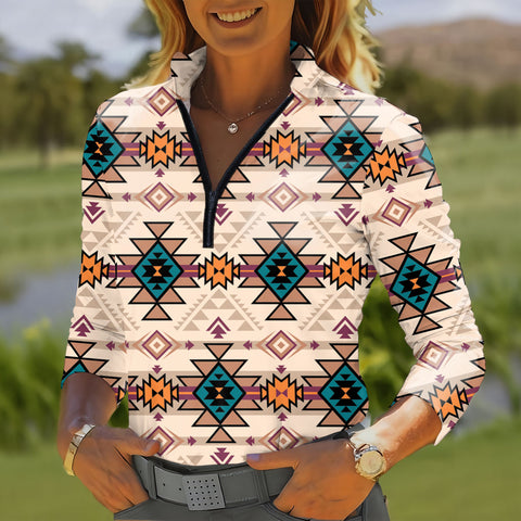 GB-NAT00622 Native American Women Quarter-Zip Long Sleeve Top