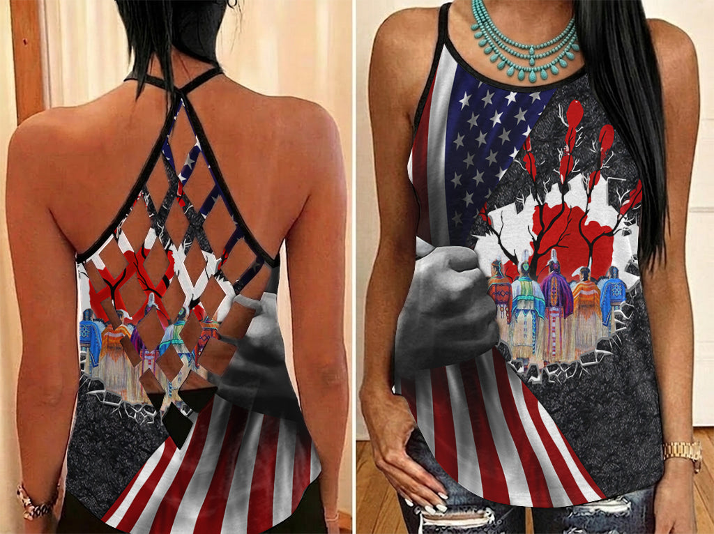 GB-NAT00624-02 Flag Tribe Pride Native American Criss-Cross Open Back Tank Top