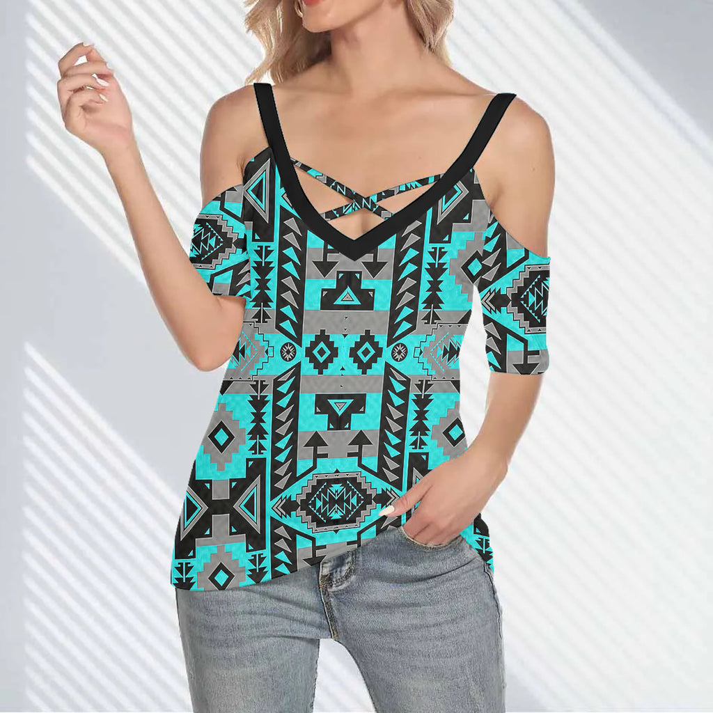 GB-NAT00626 Native American Women Cold Shoulder Criss Cross T-shirt