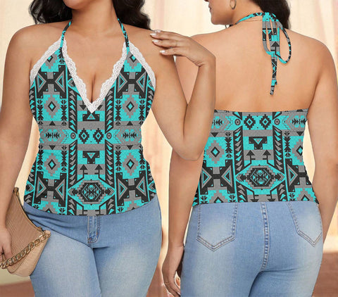 GB-NAT00626 Native American Women Lace-Trimmed Tie-Back Top