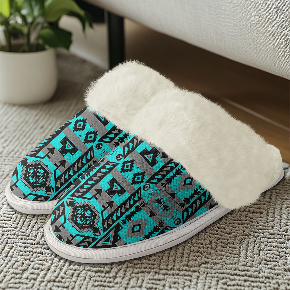 GB-NAT00626 Pattern Blue Native American Slippers With Fur Edges