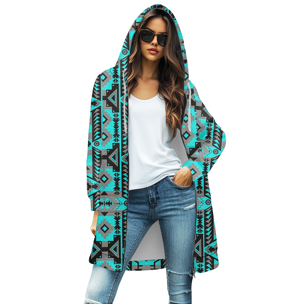 GB-NAT00626 Pattern Native Women's Mid-Length Hooded Sweatshirt Cardigan