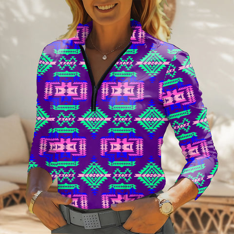 GB-NAT00628 Native American Women Quarter-Zip Long Sleeve Top