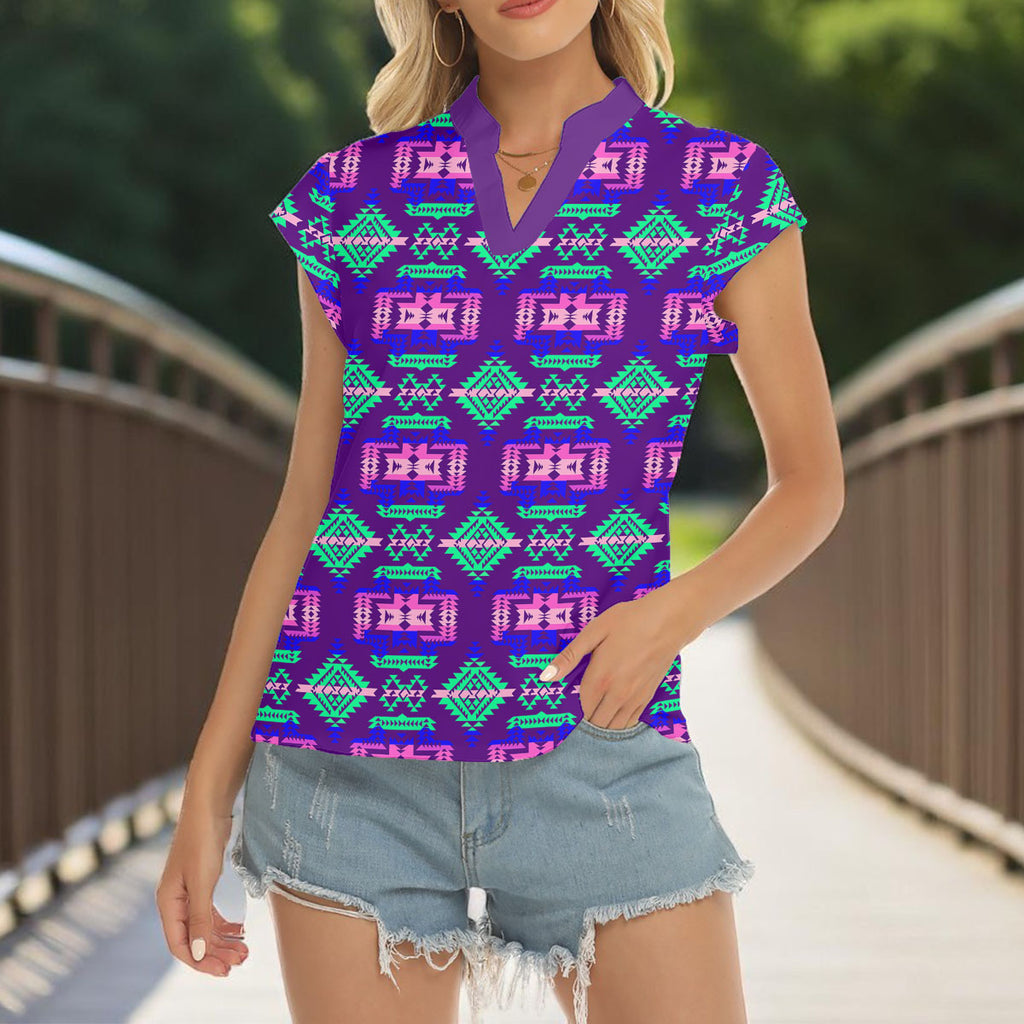 GB-NAT00628 Native American Women Stacked V-neck Short Sleeve Blouse
