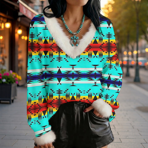 GB-NAT00631 Native American Faux Knit V-Neck Sweater Top with Fur Trim