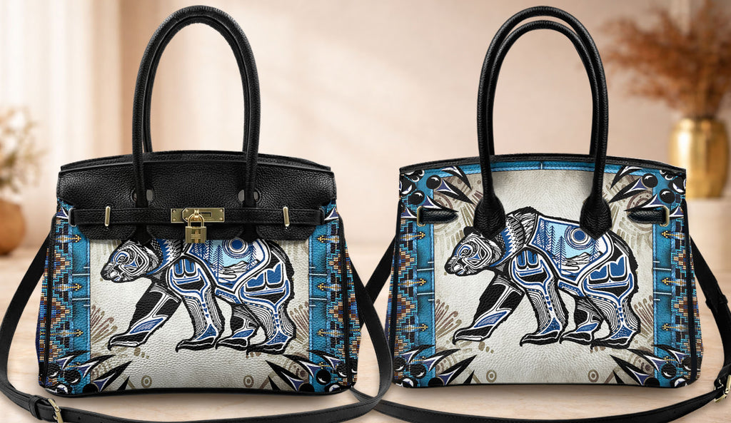 GB-NAT00632 Bear Blue Mandala Native American Women Handbag