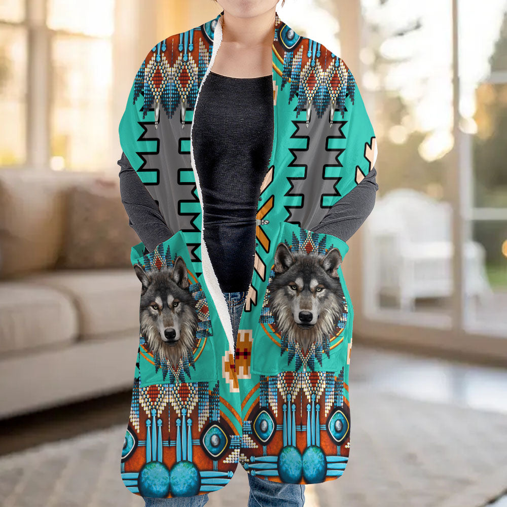 GB-NAT00635 Wolf Mandala Native American Fleece Pocket Scarf