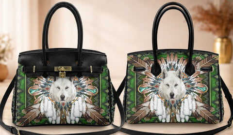 GB-NAT00639 Wolf Green Mandala Native American Women Handbag