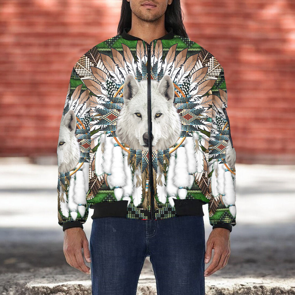 GB-NAT00639 Wolf Native American Bomber Jacket With Sleeve Pocket