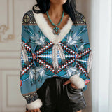 GB-NAT00640-02 Native American Faux Knit V-Neck Sweater Top with Fur Trim