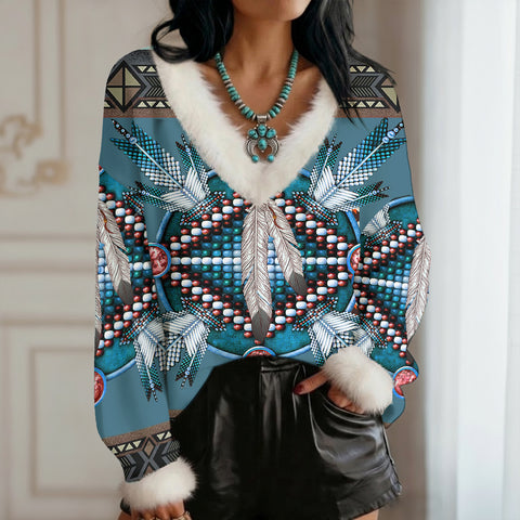 GB-NAT00640-02 Native American Faux Knit V-Neck Sweater Top with Fur Trim