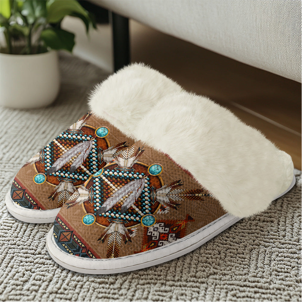 GB-NAT00640 Brown Feather Native American Slippers With Fur Edges