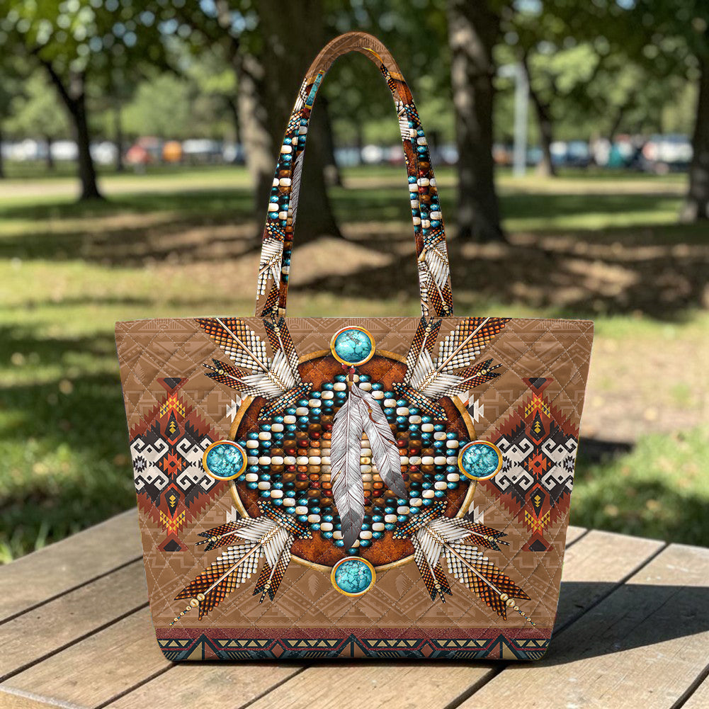 GB-NAT00640 Feather Native American Quilted Shoulder Tote Bag